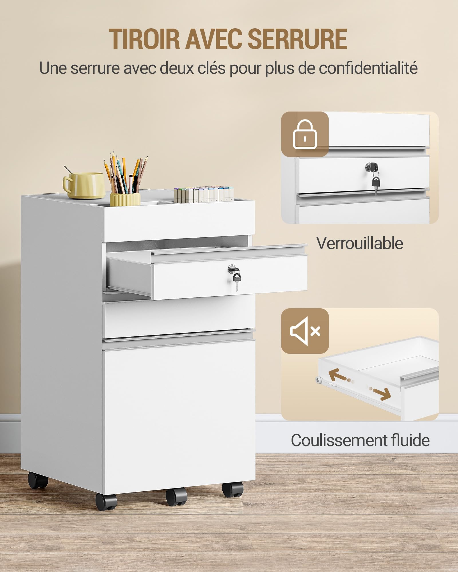 Hzuaneri Caisson 40x40x70cm 3 tiroirs verrouillable Blanc | Roulettes, verrouillage central, rangement A4/Lettre. Idéal pour bureau et home office. 40x40x70cm. Réf. FC41003XV1.