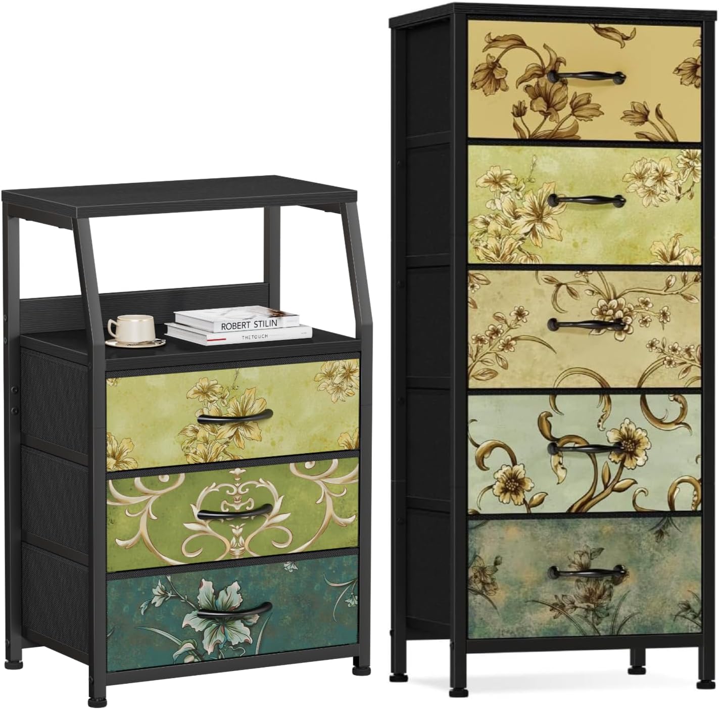 Furnulem Retro Dresser with Drawers, Vintage Storage Organizer Unit with Fabric Bins for Bedroom, Living Room, Closet, Nusery, Dorm, Entryway, Bedside Furniture, Sturdy Metal Frame, Wood Top