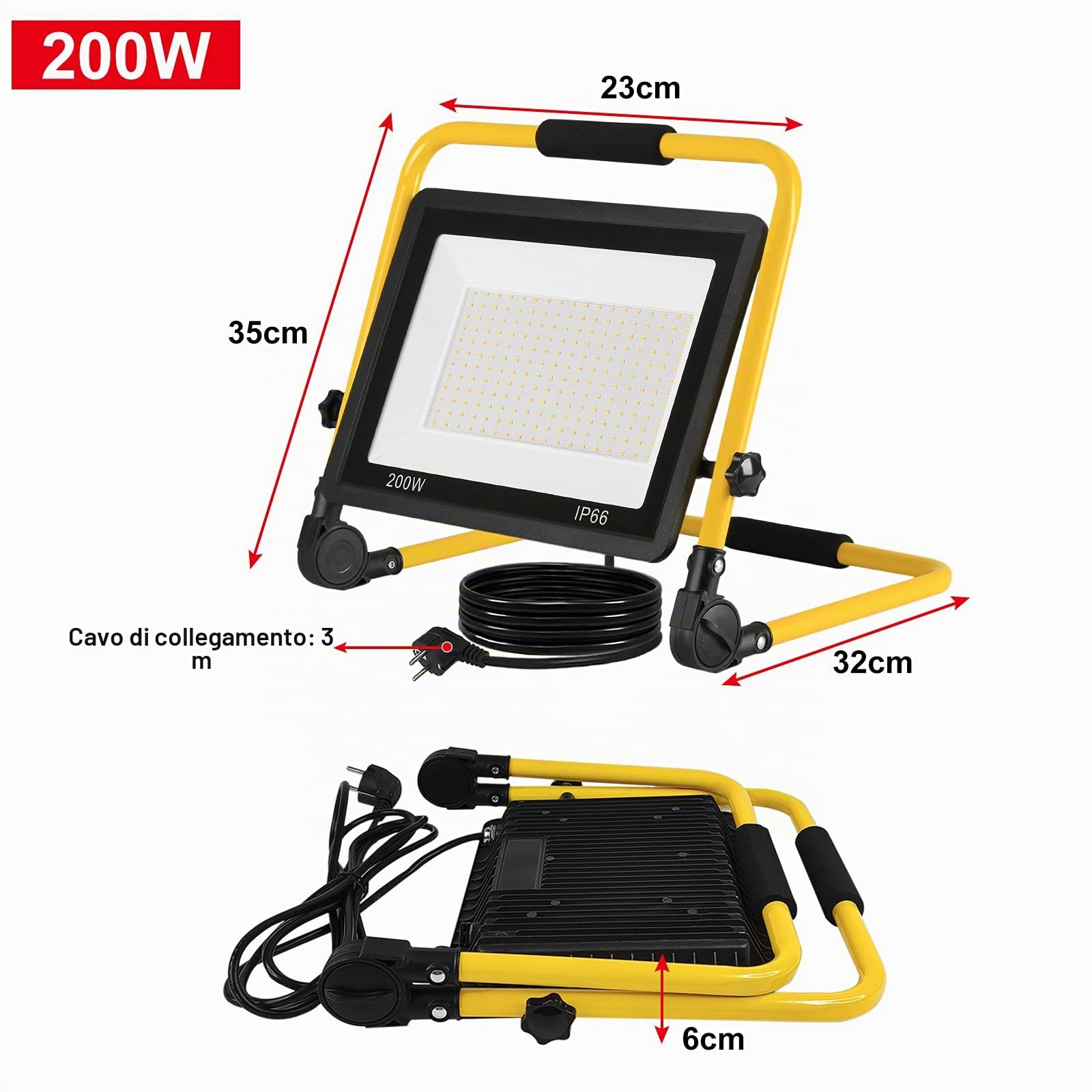 UISEBRT Faro da Lavoro a LED 200W Bianco Caldo faretto da cantiere incluso cavo di alimentazione Proiettore a LED Luce da lavoro impermeabile IP66 per garage, giardino, cantiere