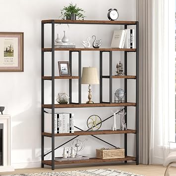 LVB Rustic Bookcase and BookShelf, Metal Wood 6 Tier Book Shelf, Industrial Vertical Display Etagere Book Case 6 Shelf, Vintage Large Book Shelves for Bedroom Living Room, Brown, 180 CM