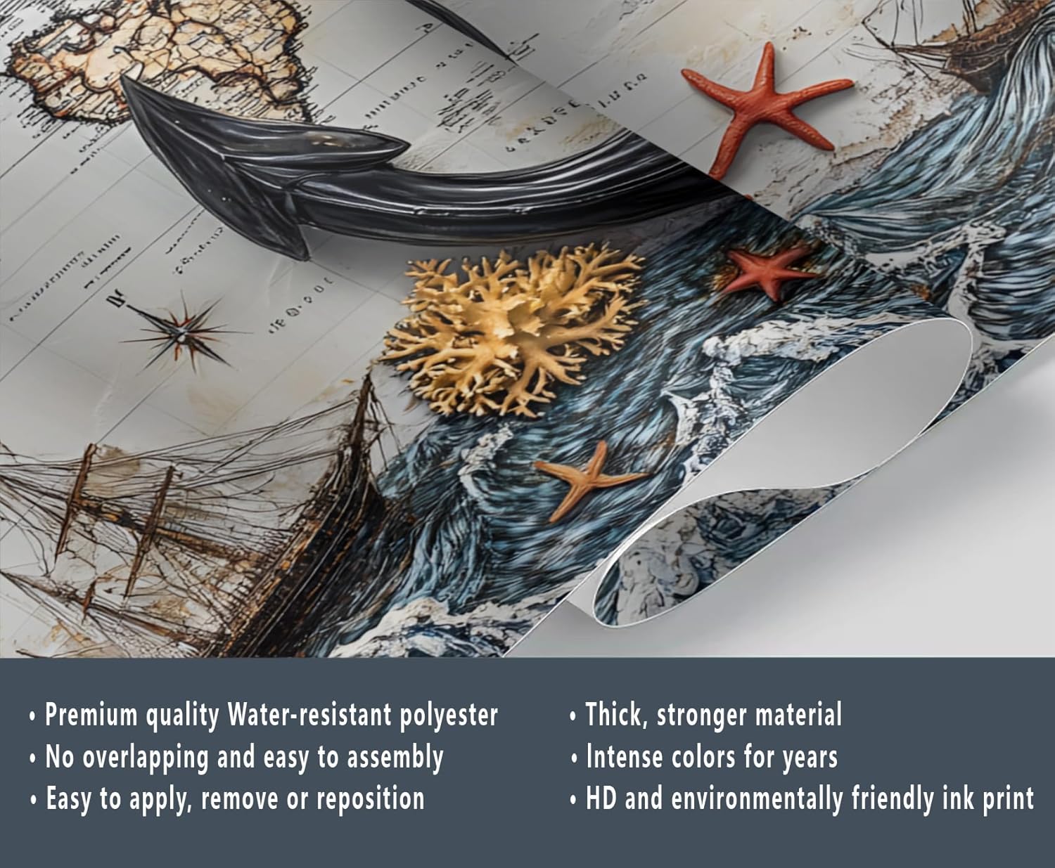 World Map Wallpaper, Nautical Theme Mural Wallpaper, Coastline Wallpapers for Living Room Bedroom 3D Murals 78" x 55" (Not Peel and Stick)
