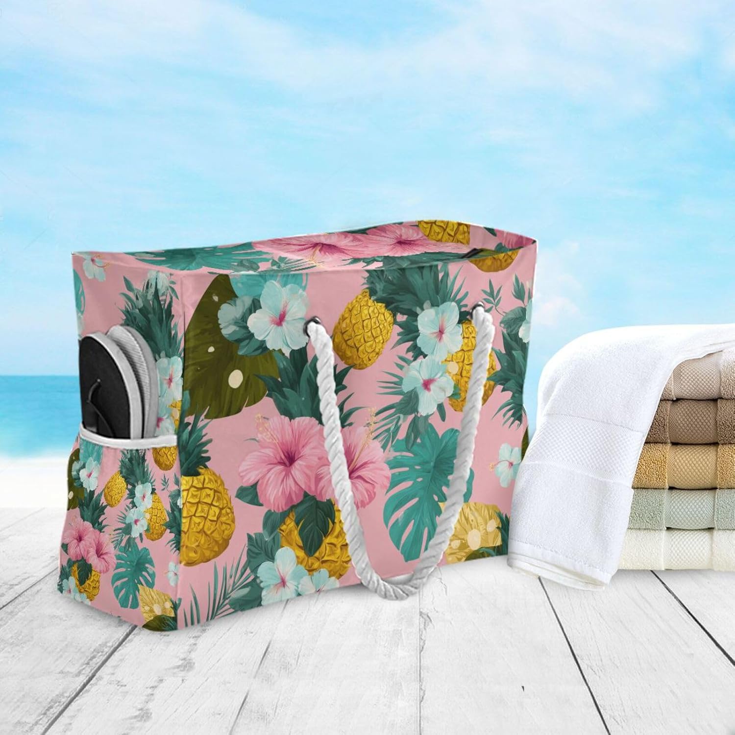 OTVEE Pineapples and Hibiscus with Leaves Beach Bags for Women Ladies Large Canvas Tote Shoulder Bag Waterproof Travel Bags for Gym Swim Pool Camping