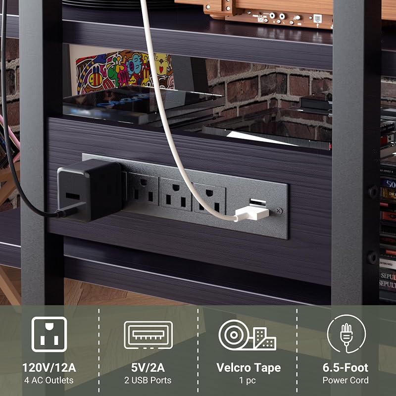 Besiost AV Media Stand with Outlets, Media Console with LED Lights, Stereo Racks and Stands with Storage Shelves, Media Audio Tower Cabinet, Black Enoby image 7