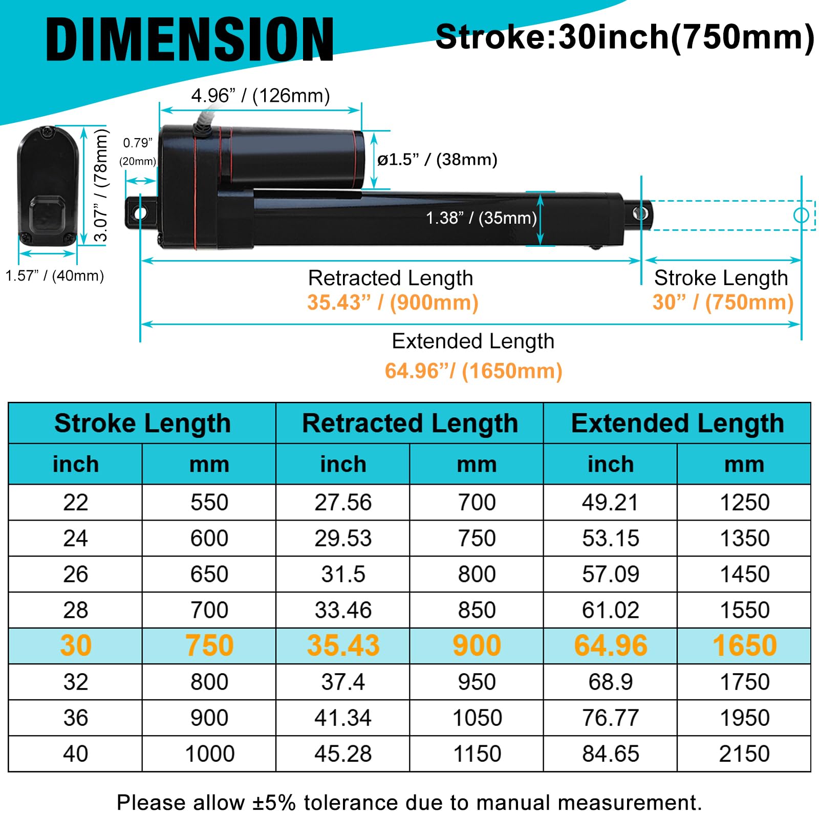 JQDML Linearantrieb, 12 V, 750 mm, robust, 1500 N, IP65, wasserdicht, 10 mm/s, mit Halterungen, für Fensteröffner, Solar-Tracker, Hausautomation