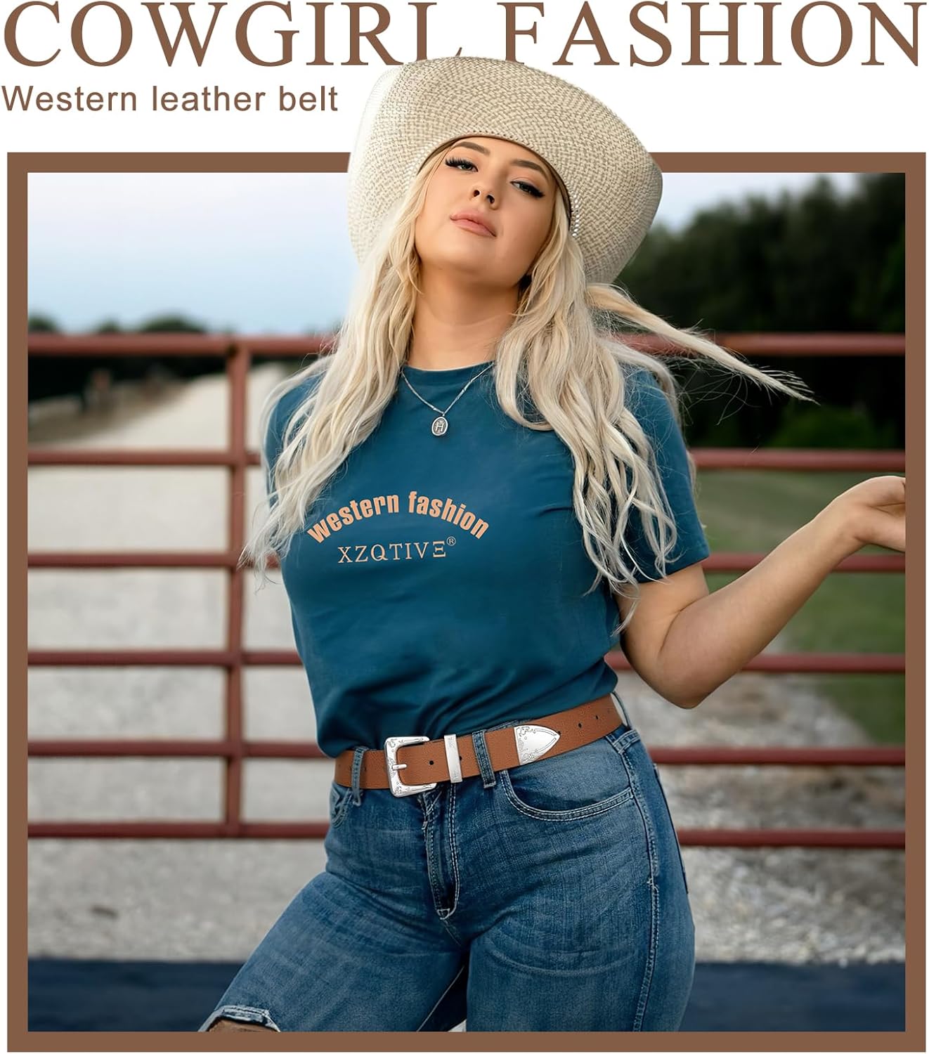 XZQTIVE Women Western Belt For Cowgirl Cowboy Suede Belt For Pants Jeans Vintage Leather Belts With Silver Carved Buckle - Image 2