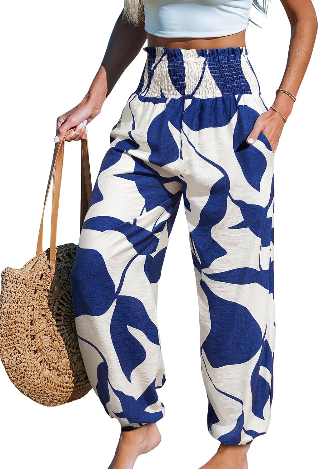 CUPSHE Women Ruffle Wide Leg Pants with Pockets Smocked Waist | Casual Trouser, Lightweight & Breathable, Perfect for Beach, Vacation & Daily Wear