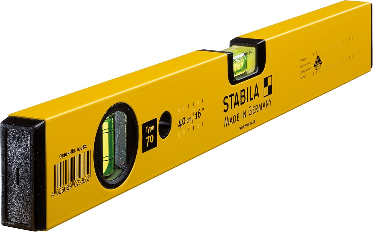 STABILA Type 70 Spirit Level, 40 cm, Lightweight Aluminium Profile, 1 Horizontal Level, 1 Vertical Level, Made in Germany, Yellow