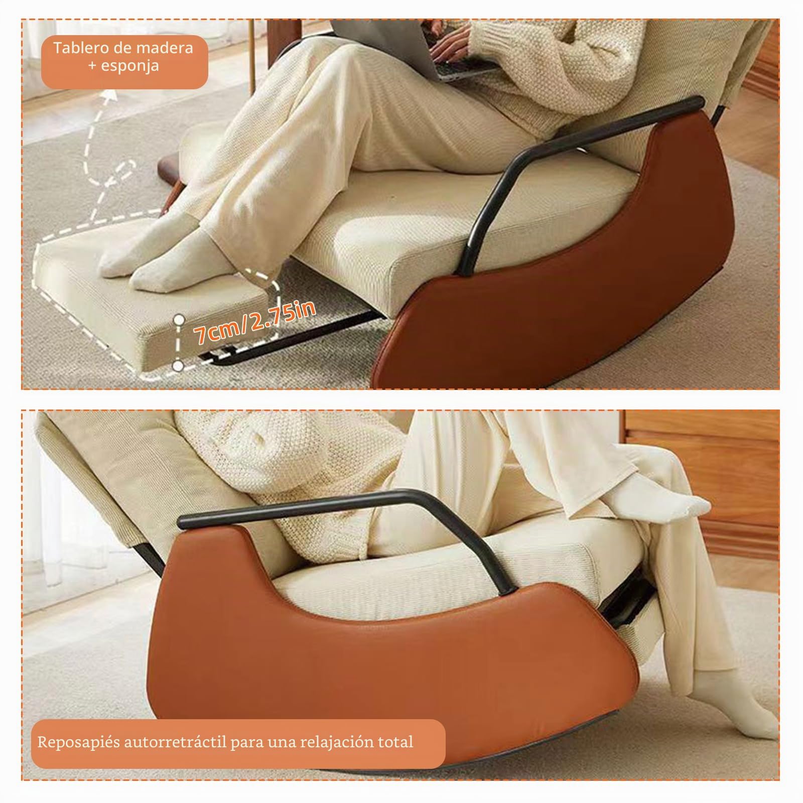 TWSOUL Mecedora, silla de lectura, cómoda silla de salón con respaldo ajustable en 3 posiciones, sillón de relax con reposapiés elástico, sillón mecedora para dormitorio o salón