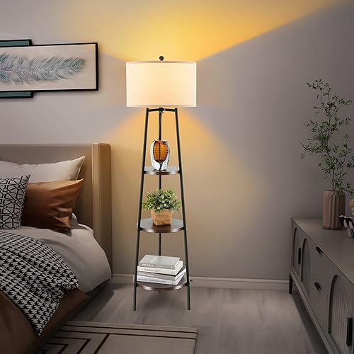 Miniatura 8 de Giantex Lámpara de pie con estantes de 3 niveles, moderna lámpara de pie de esquina con pantalla de lino beige, lámpara de pie industrial de 60