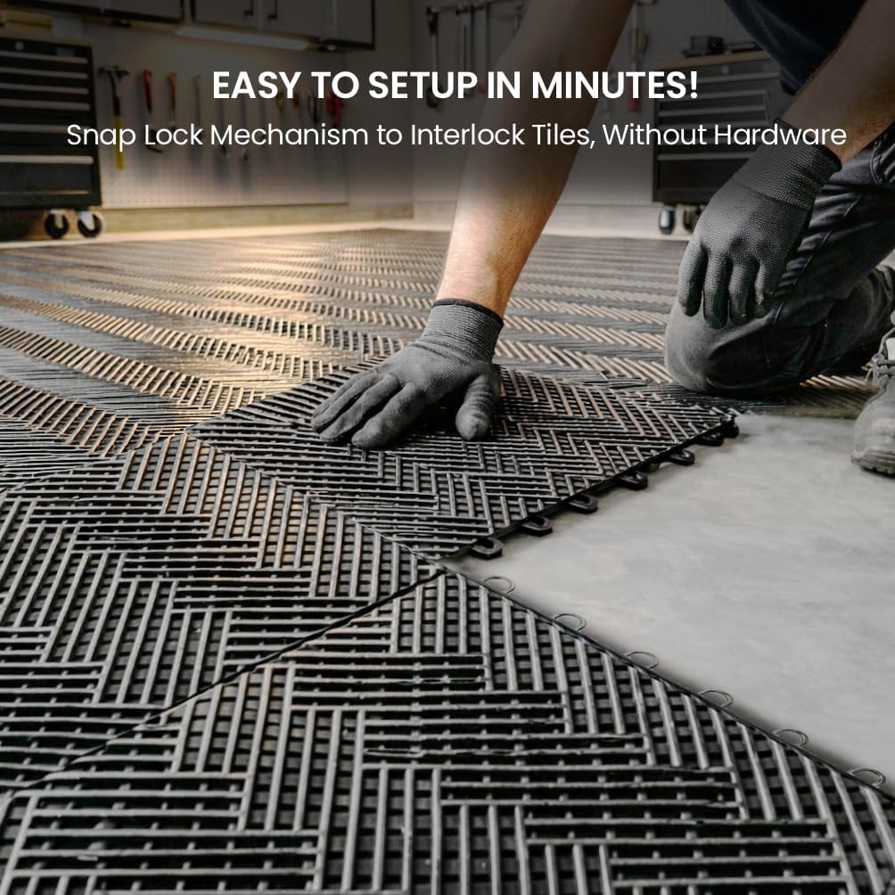 Garage Floor Tiles Interlocking Garage Flooring Tiles Pack of 48 Antislip Oil and Stain Resistant for Garages Shop Floors Basements 40000 LBS Load Capacity (Gray, 12 inch x 12 inch, Drain Tiles)