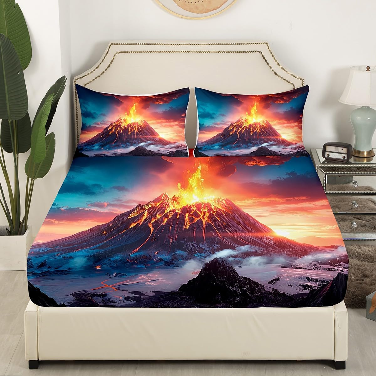 Erosebridal Volcanic Eruption Sheet Set Yellow Flame Fitted Sheet Twin Size,Natural Disaster Mountain Bed Sheets Gothic Nature Top Sheet Volcano Bedroom Decor,Orange Blue