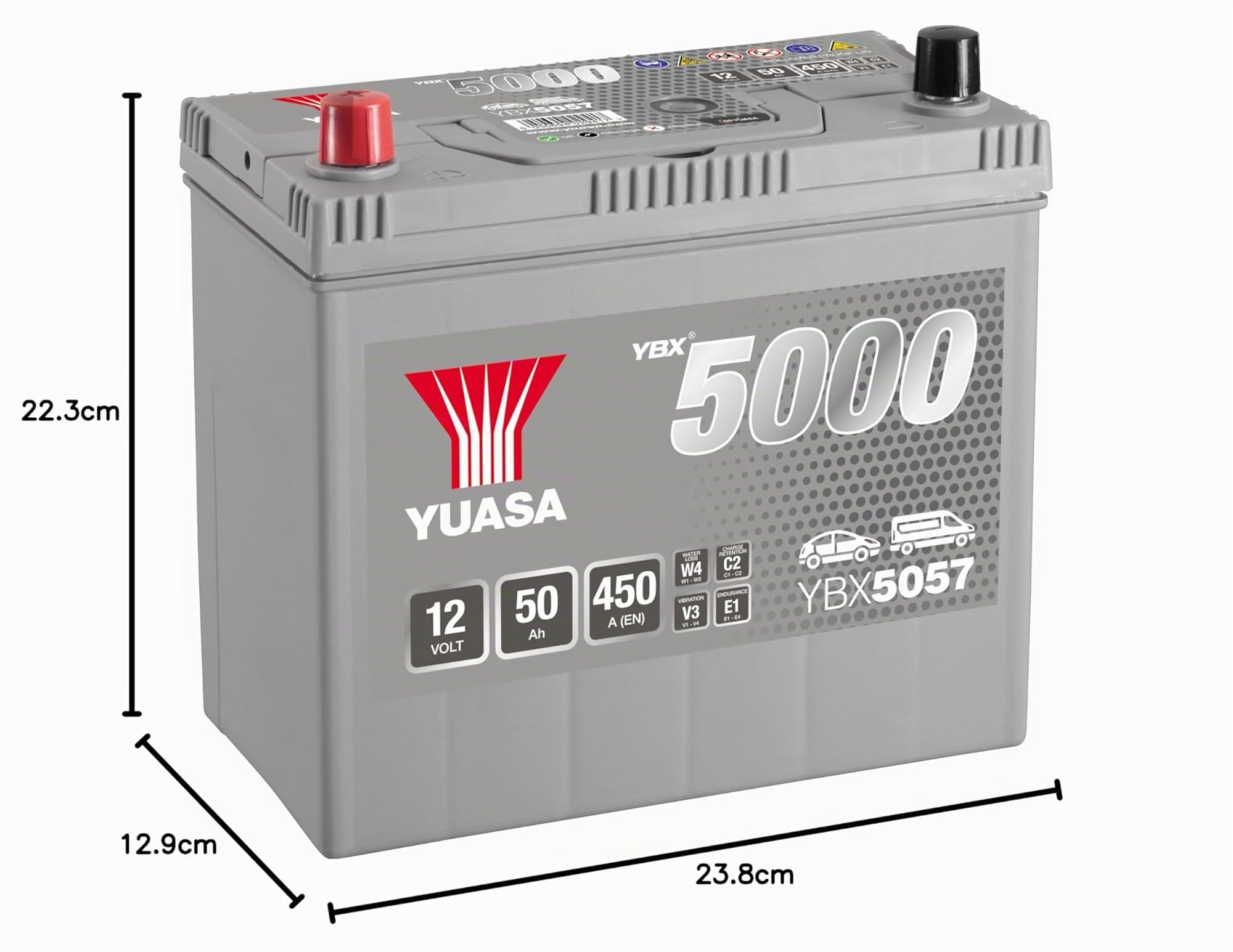 YUASA Batteria 50, Ah 450, A/EN YBX5057 L 238mm B 129mm H 223mm Compatibilità con FIAT 500 A/B Berlina, HYUNDAI PONY/EXCEL Tre volumi X-2, TOYOTA Yaris Hatchback P9, NISSAN PIXO UA0, MAZDA