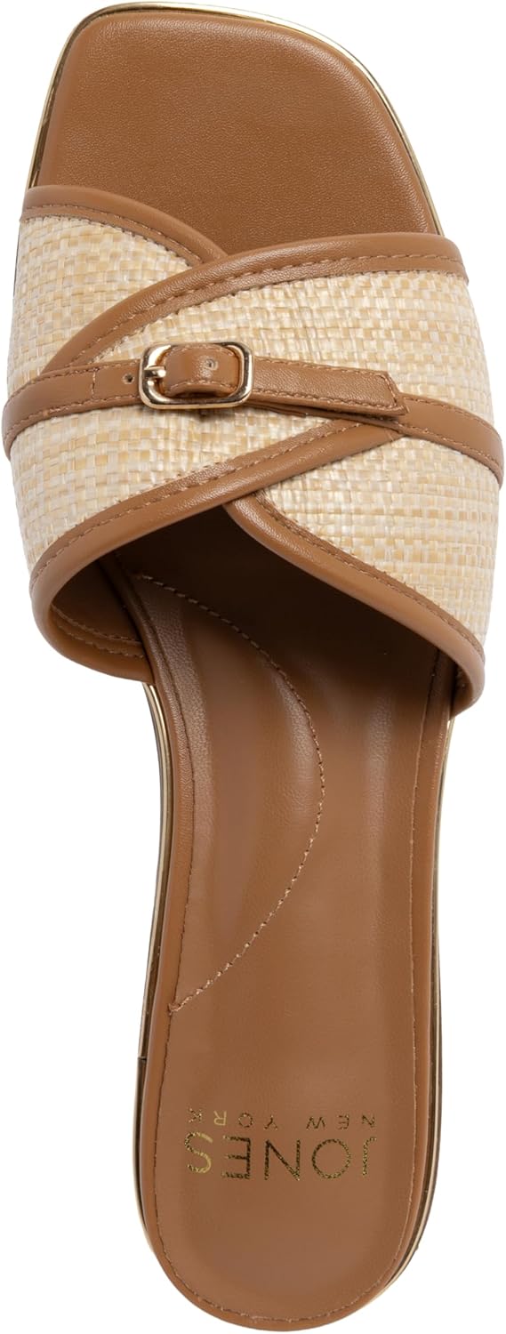 Jones New York Women's Woven Raffia Slide Sandal – Low Block Heel Mule with Buckle