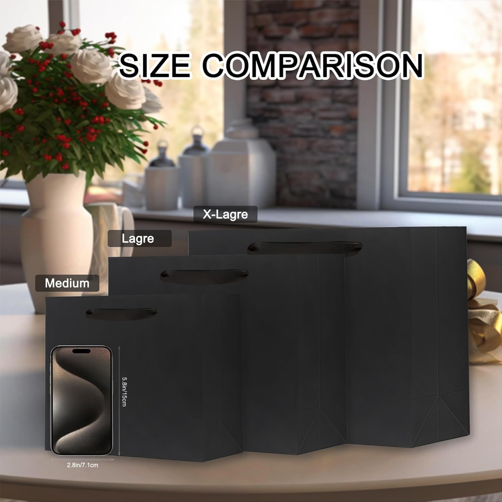 Offizon 12 schwarze Geschenktüten, 21,6 x 19,9 x 18,9 cm, mittlere Größe mit Seidenpapier