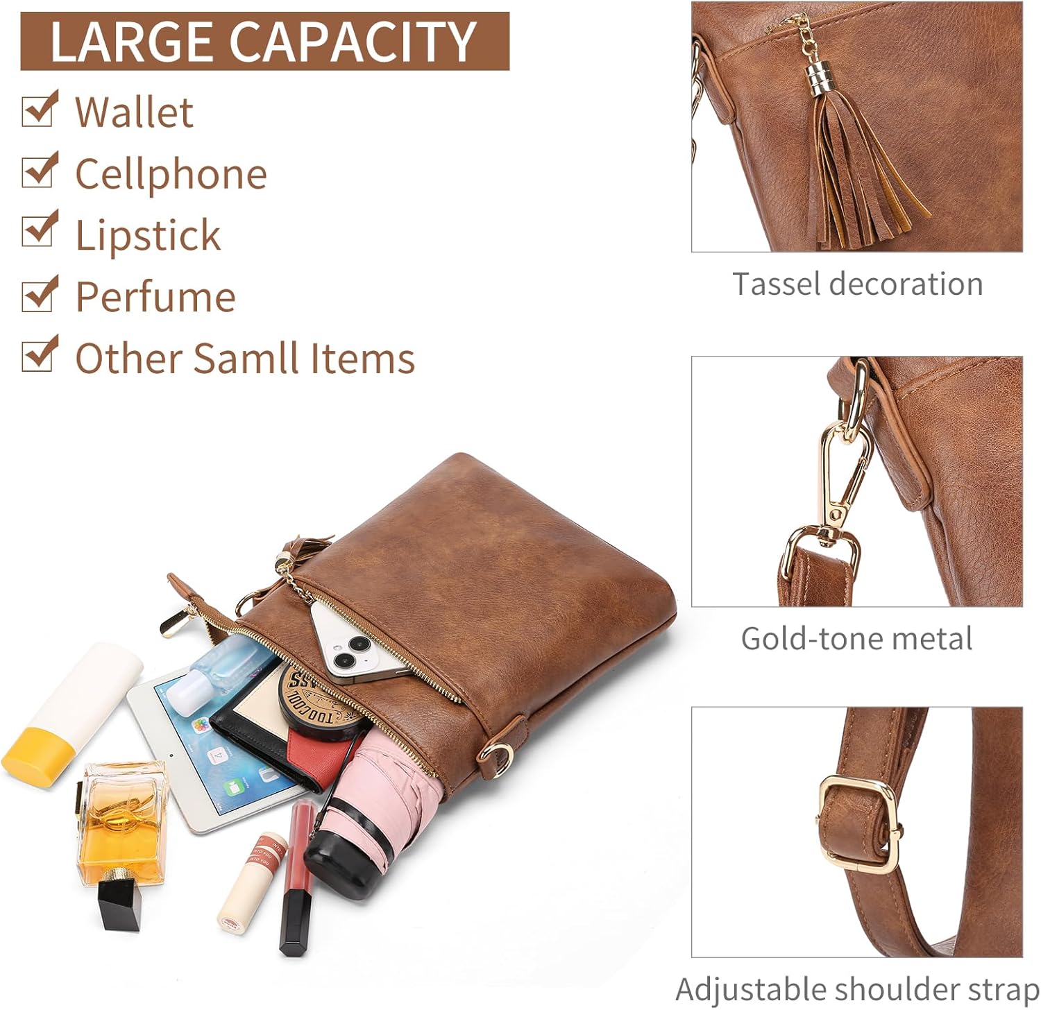 SENDEFN Crossbody Purse for Women Lightweight Medium Trendy Leather Crossbody Bag Women's Shoulder Handbags with Tassel - Image 5