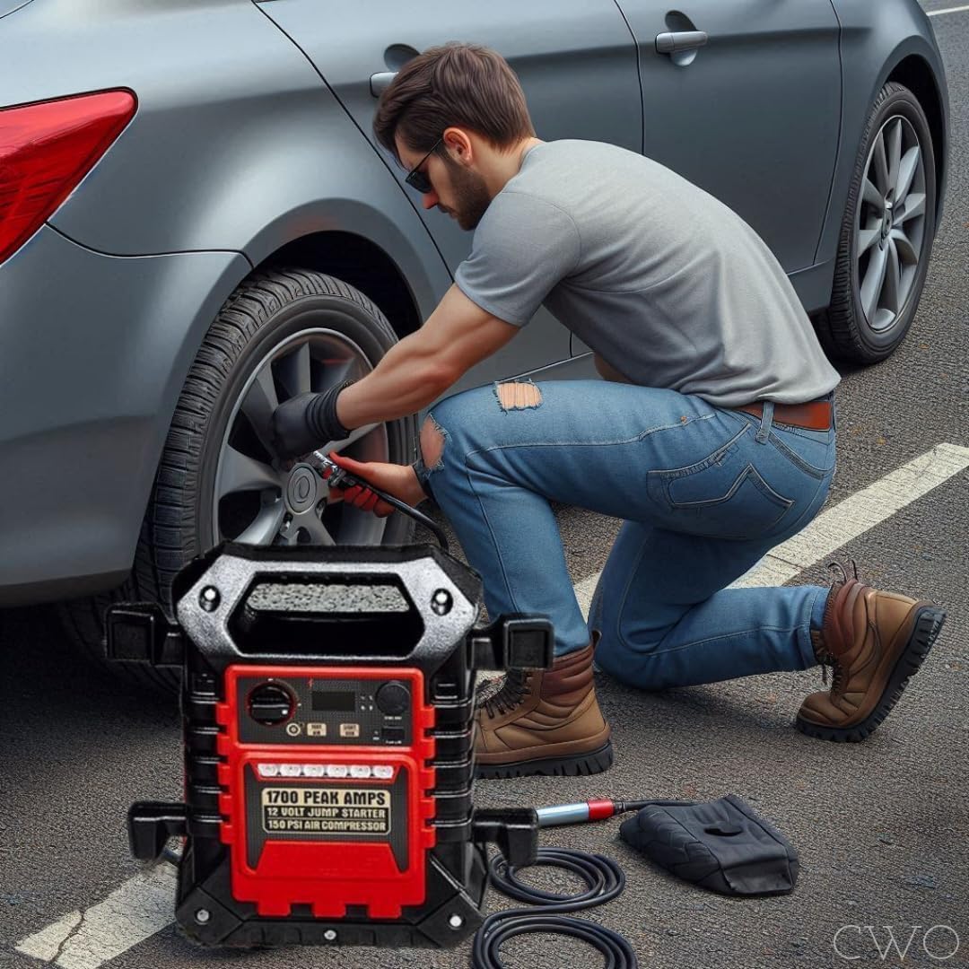Fits Viking 1700 Peak Amp Portable Jump Starter & Power Pack with 150 PSI Air Compressor - High Cranking Amps, 2 AWG Cables, Commercial Grade Air Compressor, Digital Pressure Gauge, 12VDC Power Outlet