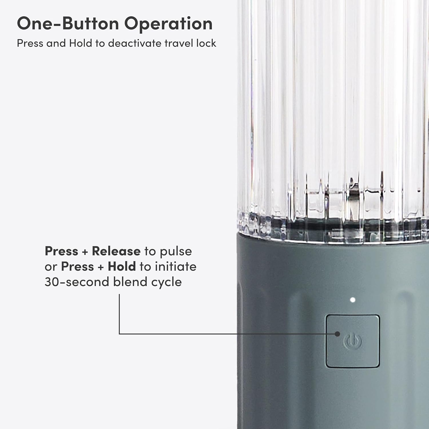 Close-up of the Beast GO Cordless Blender motor base showing the power button and indicator light, with text explaining one-button operation for pulsing and blending.
