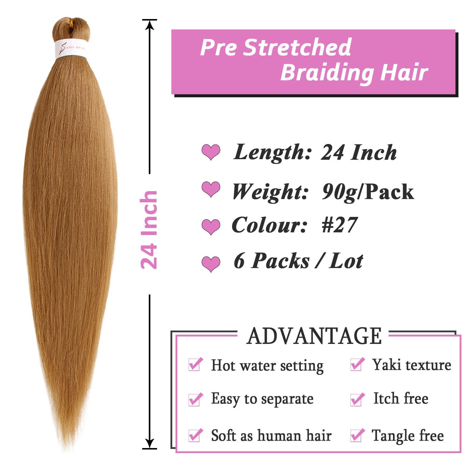 Samtress 24 Inch Pre Stretched Braiding Hair 6 Packs Knotless Easy Briad Yaki Texture Kanekalon Synthetic Braiding Hair Honey Blonde Hot Water Setting Crochet Braids Hair Extensions for Women (#27) - Image 2
