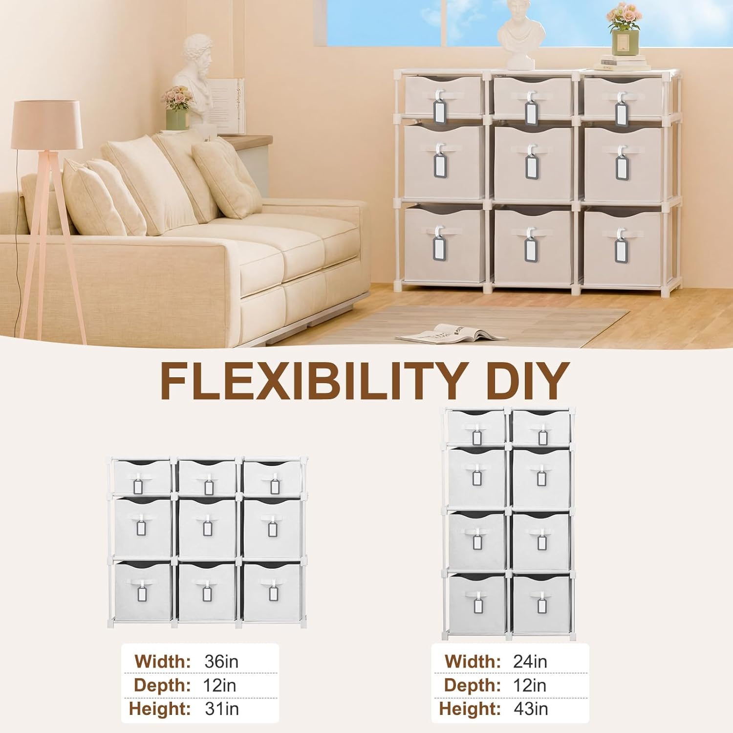 9 Cube Storage Organizer Shelf with Storage Bins and Label, 11 Inch Toy Cube Bins Clothes Closet Organizers Drawers Fabric Dresser for Living Room, Bedroom, Playroom, Dorm(White)
