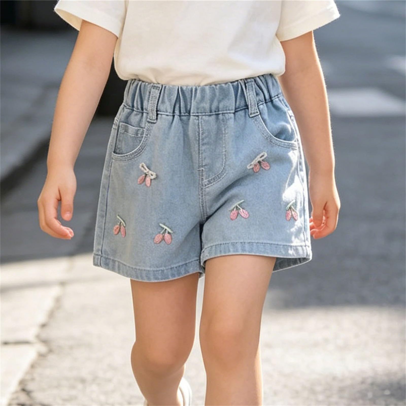 Pantalones cortos de mezclilla bordados para niñas, cintura alta, pierna ancha, pantalones cortos casuales de moda holgados de pierna recta con bolsillos para adolescentes, niñas, verano, playa