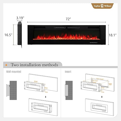Miniatura 9 de Sophia & William Chimenea eléctrica ultrafina de 72 pulgadas y montaje en pared, calentador de chimenea ultra delgado de 3.19 pulgadas con control