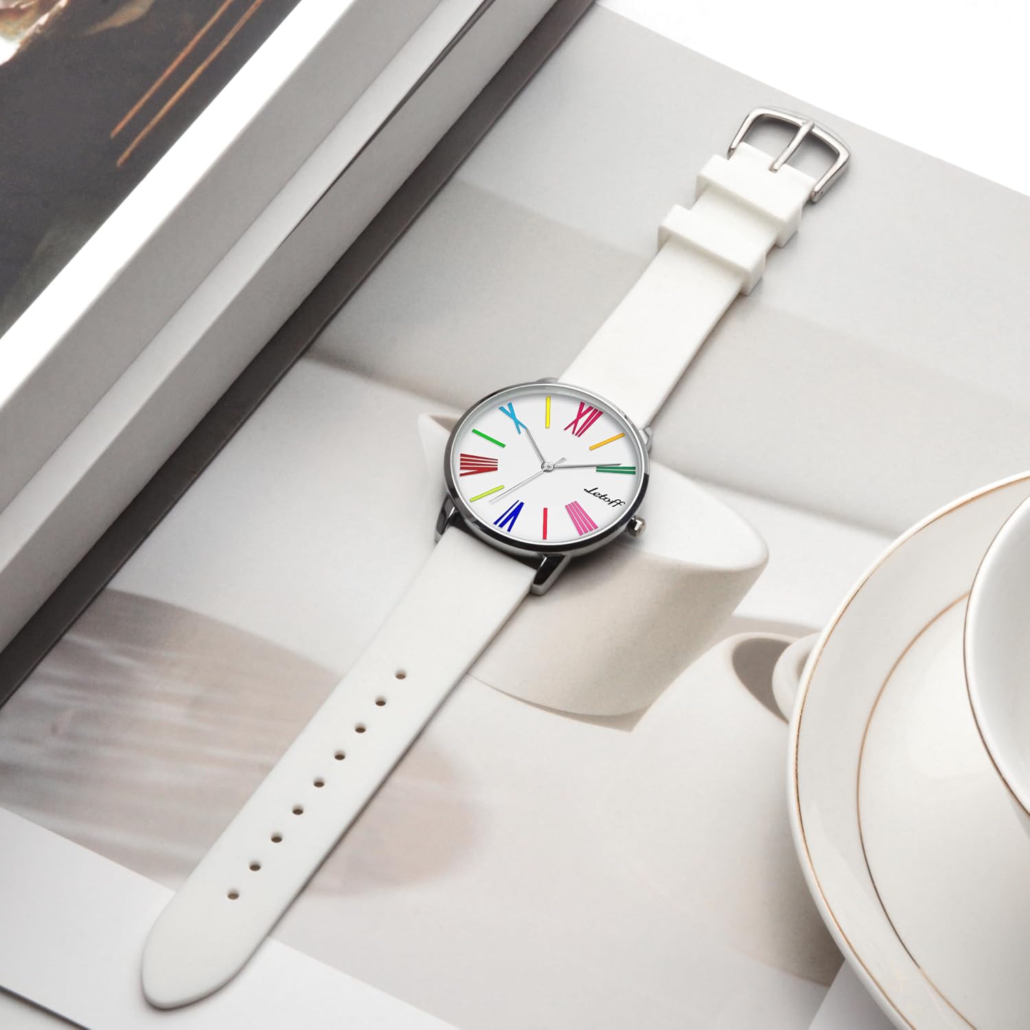 Letoff Watch for Women/Men, Metal Watch with Silicone Band,Colorful Roman Numeral Dial with Artistic Minimalist Design, Lightweight Analog Wristwatch, Fashion Statement Timepiece Water Resistant 100ft - Image 5