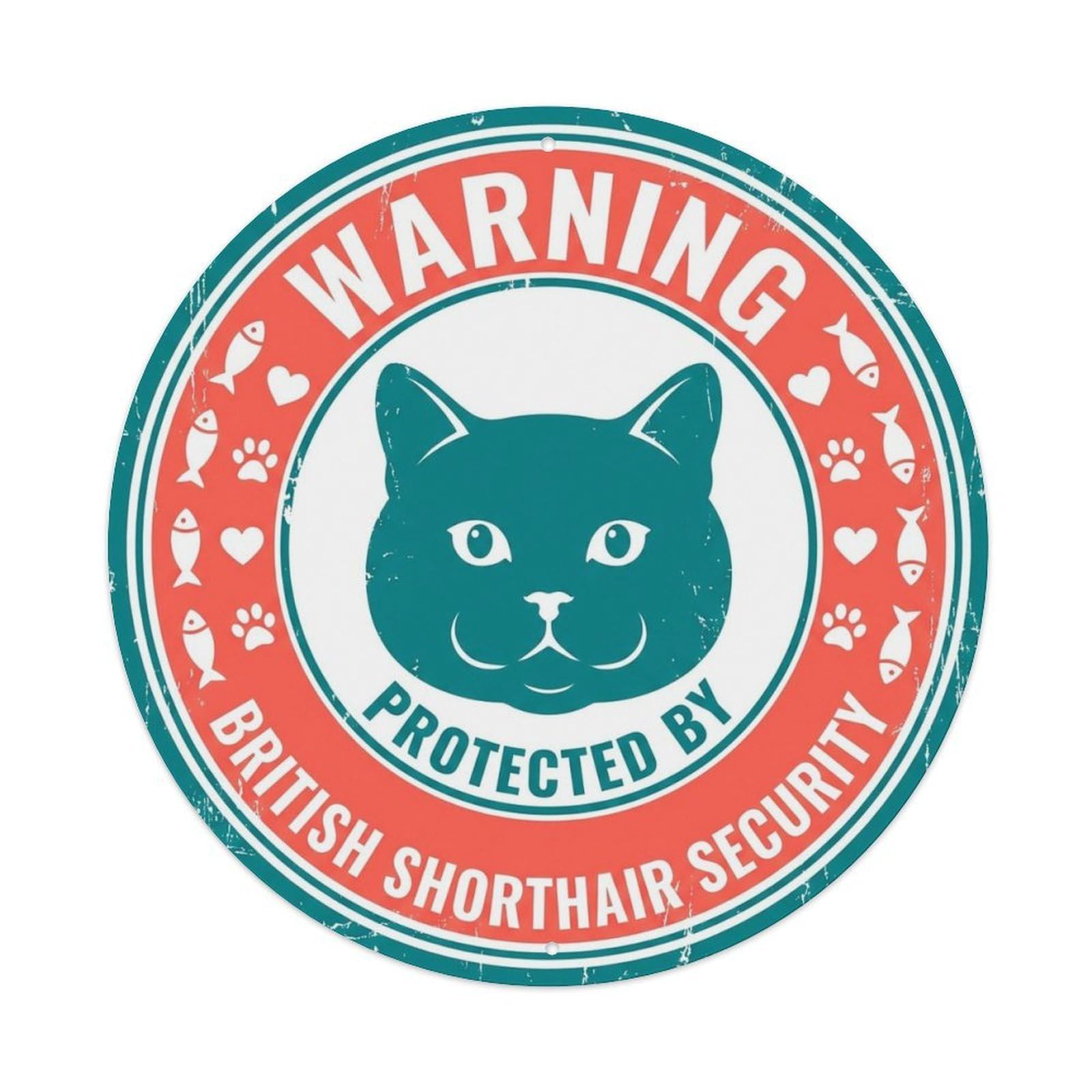 British Shorthair Security Warning Teal Coral Metal Tin Sign
