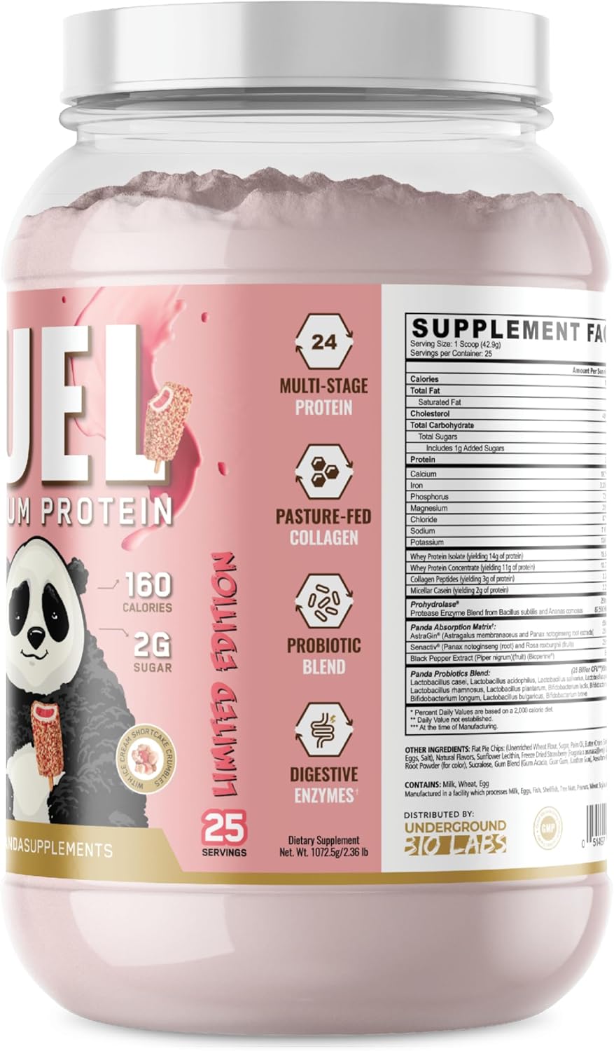 Underground Bio Labs Panda Fuel Premium Protein Whey,Hydrolyzed Collagen,Casein,Probiotics, Enzymes, Keto Friendly,Time Release, 25 Servings (2.5 Pound, Strawberry Ice Cream Crumble)