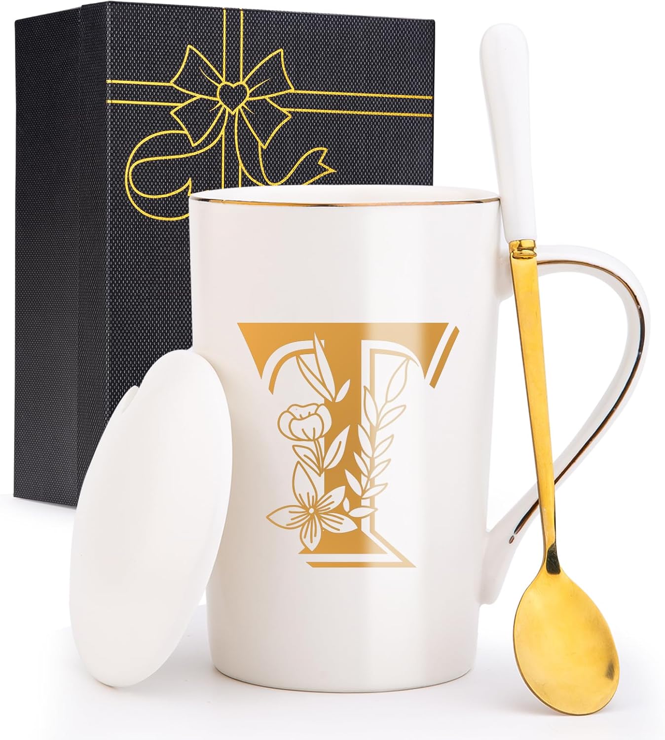 Jmugmt Letter T Personalized Initial Mugs with Flower, Letter T Personalized Coffee Mug, Customized Cool Letters Mugs for Women, Bridal Shower Gifts, Women's Initials Gifts Mug 14 OZ Matte White