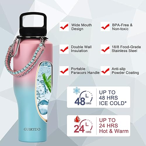 Miniatura 3 de Botella de agua aislada de 40 onzas con asas de paracaídas y correa, vaso de acero inoxidable de doble pared de metal con tapa de popote y tapa de