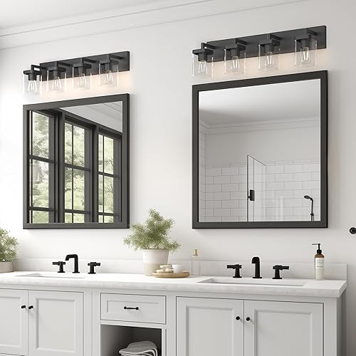 Miniatura 6 de Morden - Lámpara de tocador de baño, diseño cuadrado, 4 luces, accesorios de iluminación de baño sobre el espejo, accesorios de tocador de baño