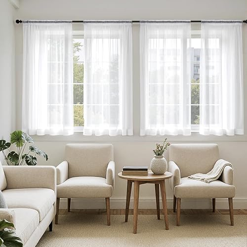 MIULEE Short Sheer Curtains 54 Inches Long, 4 Panels Set, Light Filtering Rod Pocket Curtains for Kitchen/Bathroom Small Windows, 42W x 54 Inches, White - 42"W x 54"L (Pack of 4) - White