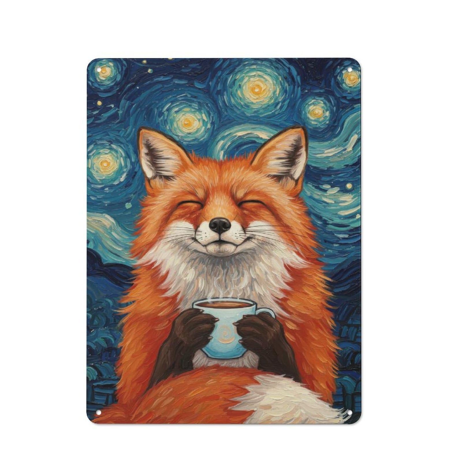 Junmoney Style-7 Tin Wall Plaque 40X30cm With Fox Enjoying Coffee Under Starry Night For Café Or Restaurant, New Home Wall Decor For Hospitality Interior Collectors