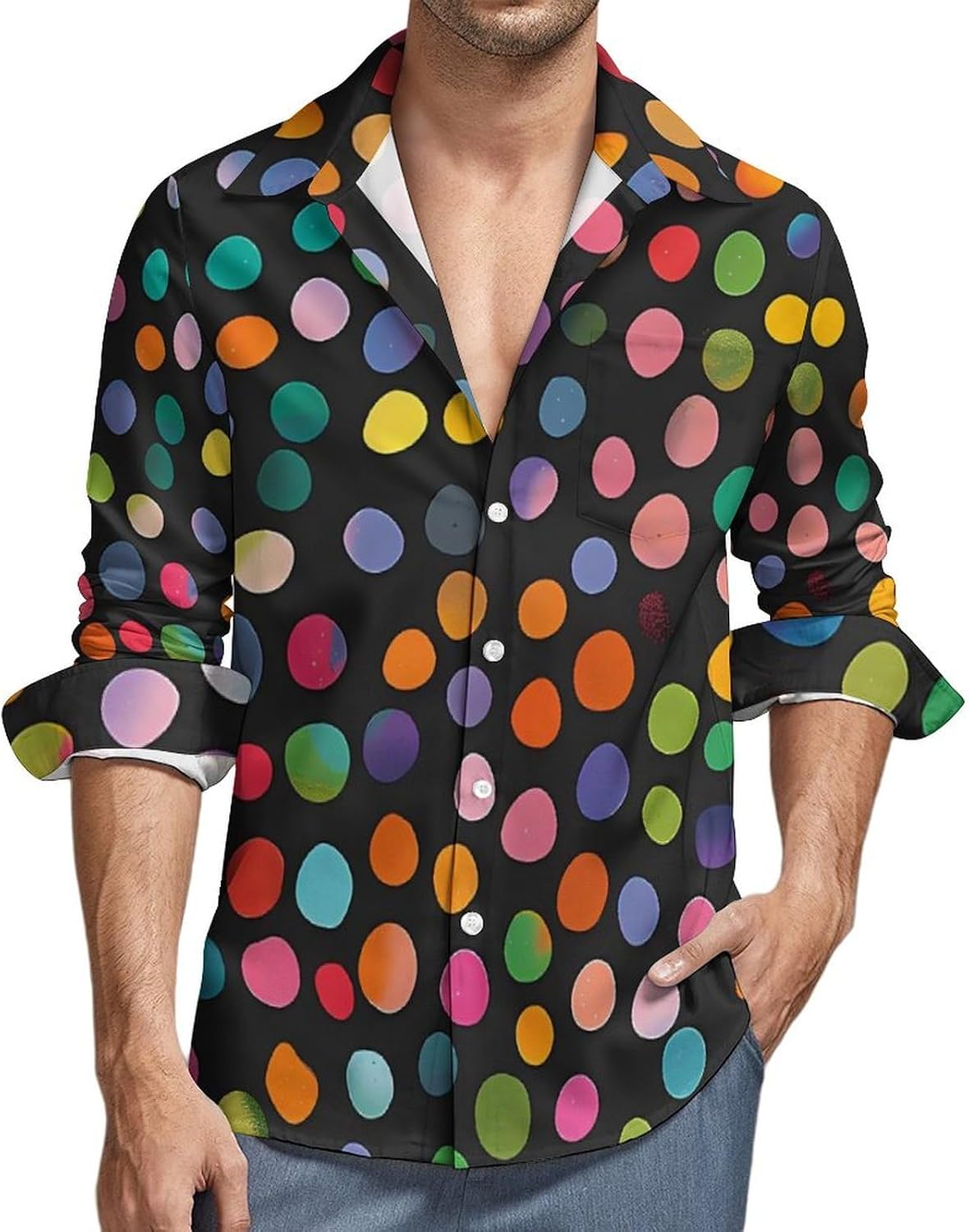 Colorful Dots Novelty Men's Long Sleeve Shirts Casual Button Down Shirt Pullover Tops