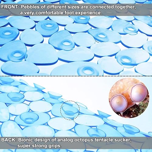 Miniatura 2 de Tapete de baño antideslizante para bañera y ducha, 35 x 16 pulgadas, lavable a máquina, con orificios de drenaje, ventosas para baño (azul