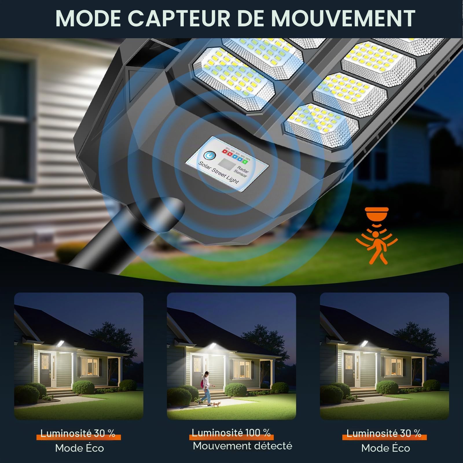 Lanterne solaire de rue 800W avec télécommande, IP66, étanche, avec détecteur de mouvement, 6500K, lampe solaire LED super lumineuse pour jardin, garage, routes