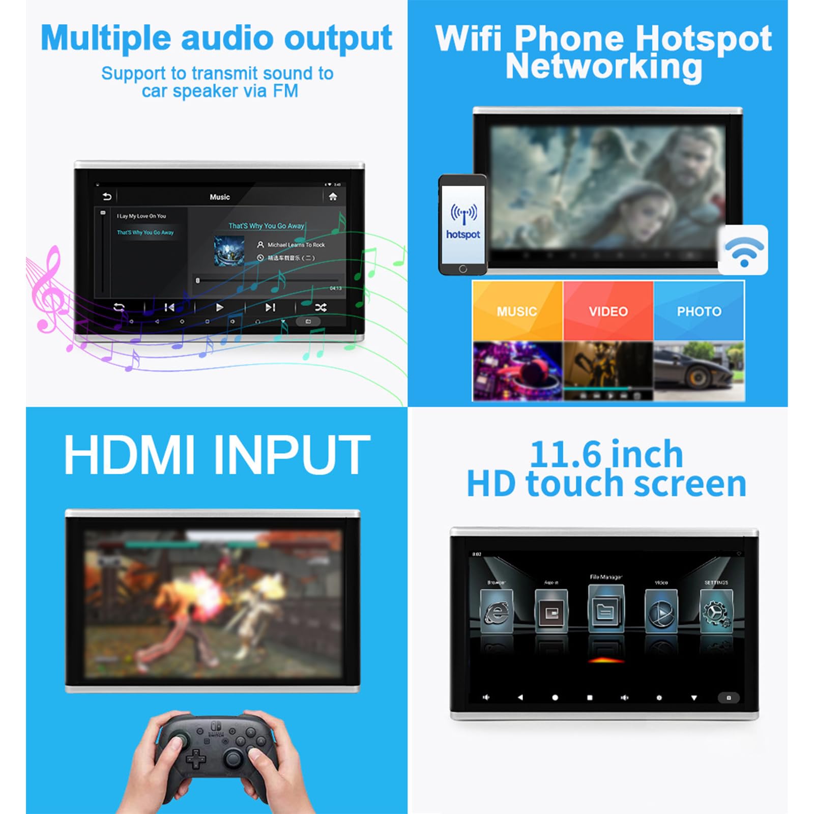 Poggiatesta per auto, lettore video, touch screen da 11,6", supporta 4K, WiFi, ingresso HDMI, FM, USB, lettore musicale e video per l'intrattenimento dei sedili posteriori