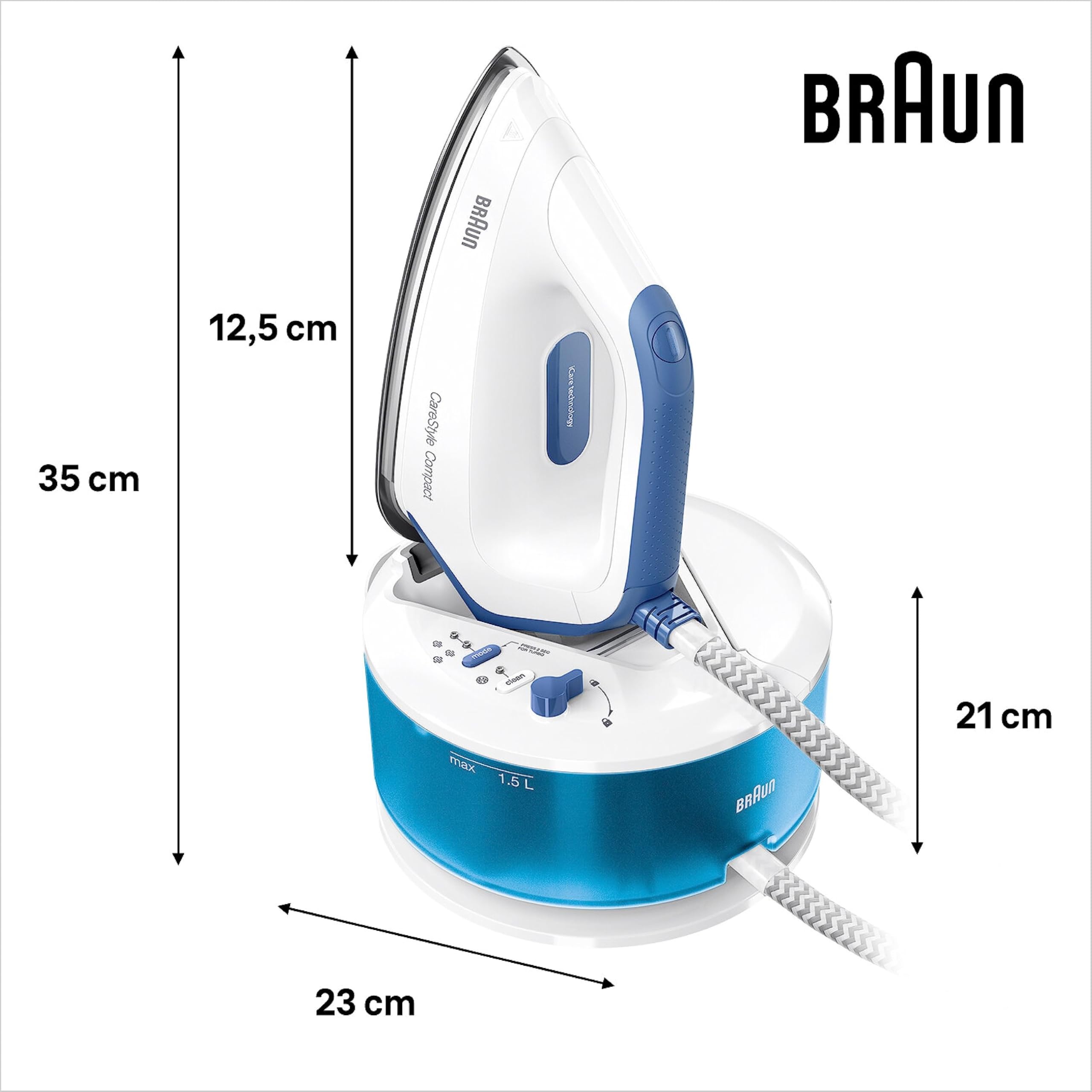 Braun IS2143BL CareStyle Compact Ferro da Stiro con Caldaia, 5 ANNI DI ASSISTENZA, Piastra EloxalPlus, Facile decalcificazione, Colpo Vapore 420g/min, Serbatoio 1.5L, Risparmio energetico, Bianco/Blu