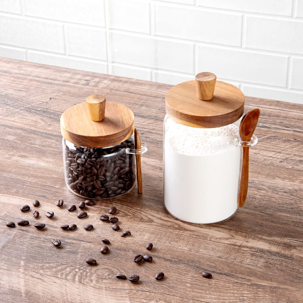 Restaurantware Vetri - Tarro de almacenamiento de vidrio de 17 onzas, con tapa de acacia, 3 1/4 pulgadas x 3 1/4 pulgadas x 5 pulgadas, 1 caja