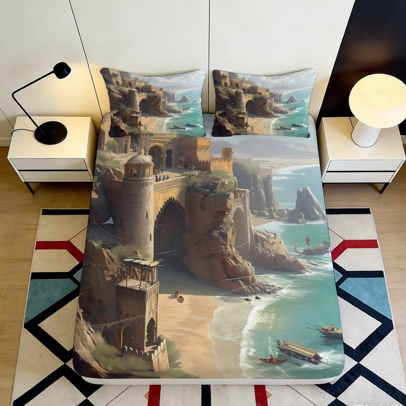 3D Printed Medieval Castle Ocean Fitted Sheet Microfiber Soft Breathable Cliff Coast Mattress Cover for Bedroom Decor 90x200x25cm