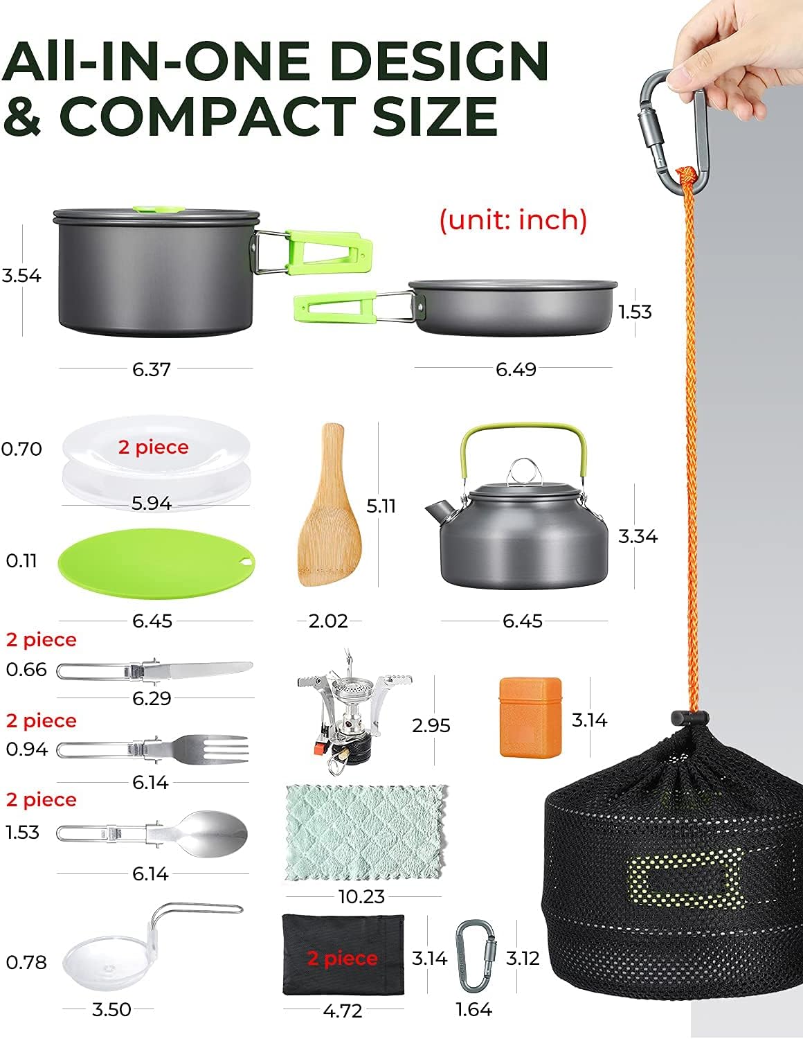 Sportneer Camping Cookware Set with Folding Camping Stove, 18Pcs Camping Cooking Set with Anti-Stick Lightweight Pot Pan Kettle Plates Stainless Steel Knife Fork Cutting Board for Backpacking Hiking : Sports & Outdoors