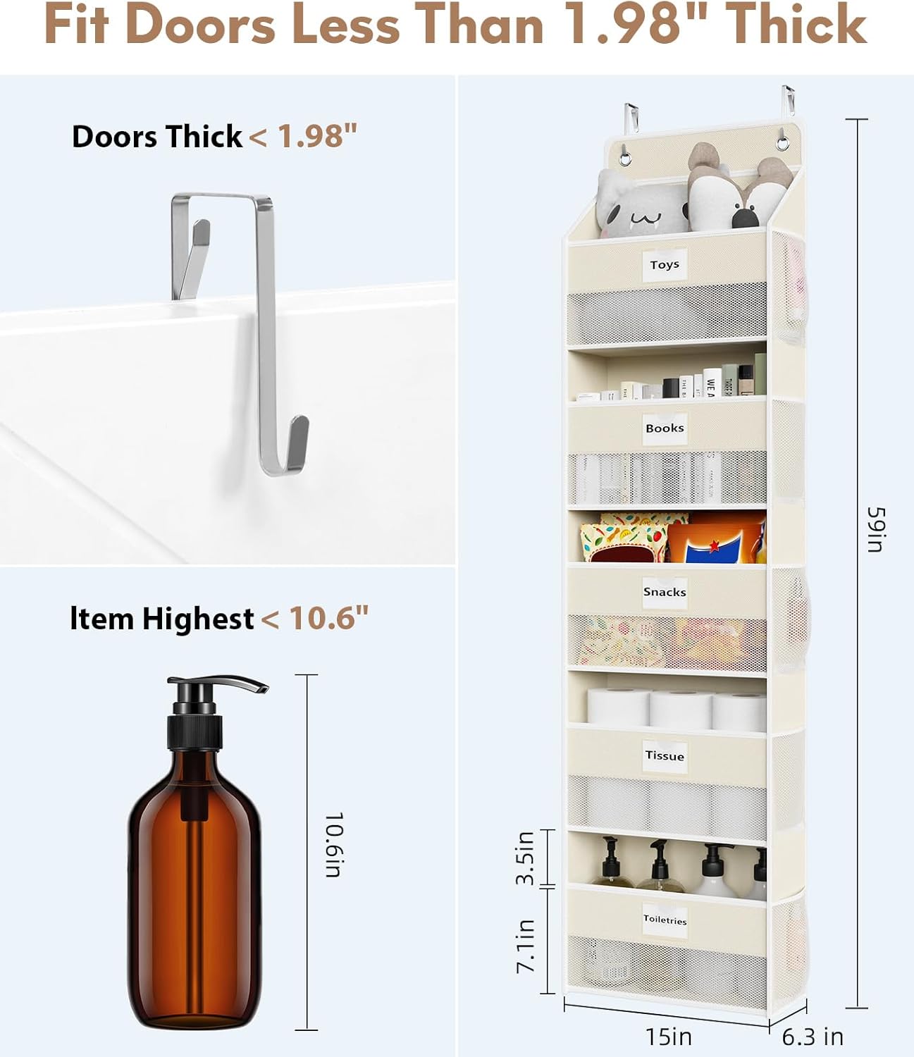 Optish Over The Door Organizer Hanging, 2 Pack 5 Shelf Behind The Doors Storage, Pantry Door Organizer, Closet Organizers for Bedroom and Nursery (Beige)