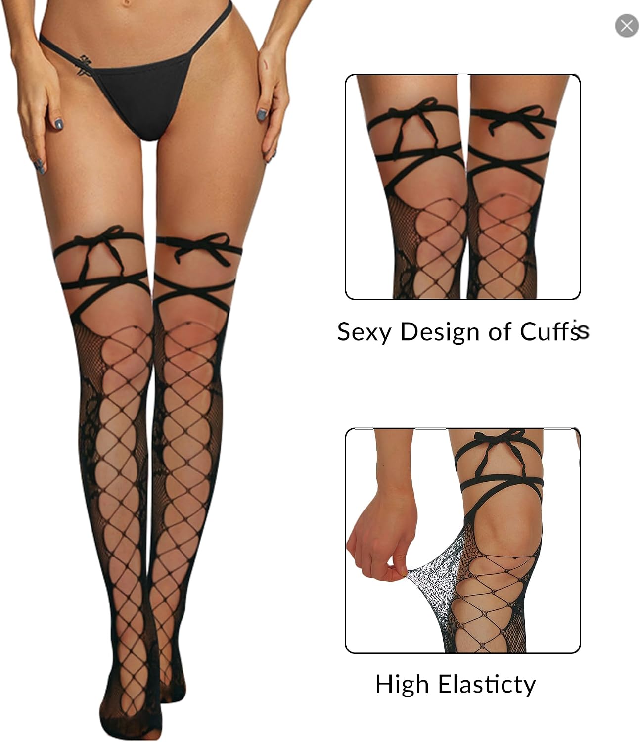 Violet Mist Women Fishnet Thigh High Stockings with Ties Sexy Hollow Out Sheer Pantyhose Nylon Over Knee High Hosiery Socks