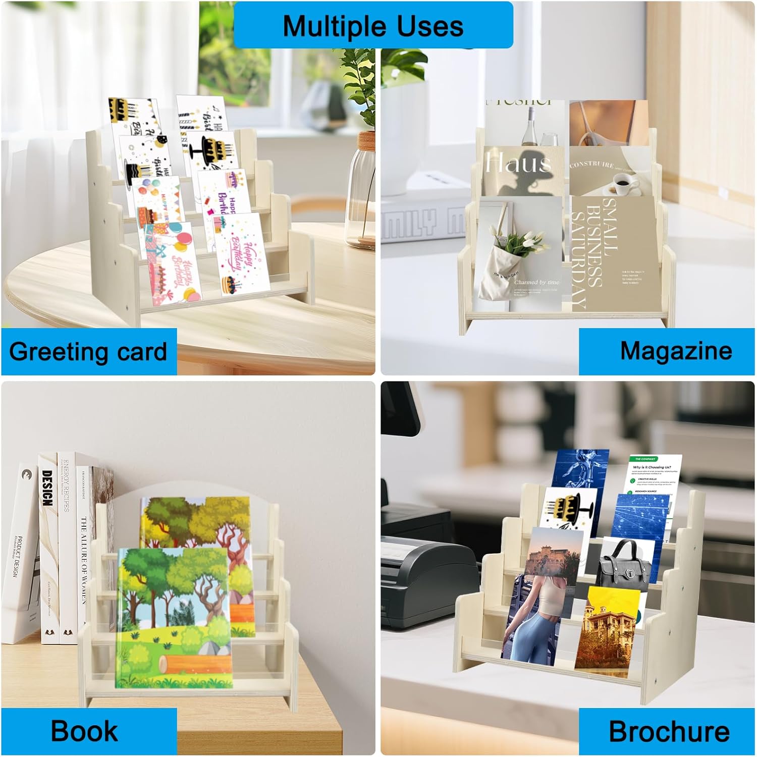 Wooden Greeting Card Display Stand 4 Tiers- Acrylic Supplier Sticker Display Stand Counter Retail Stand for Storage Cards, Postcards, Photos, Brochures, Stickers