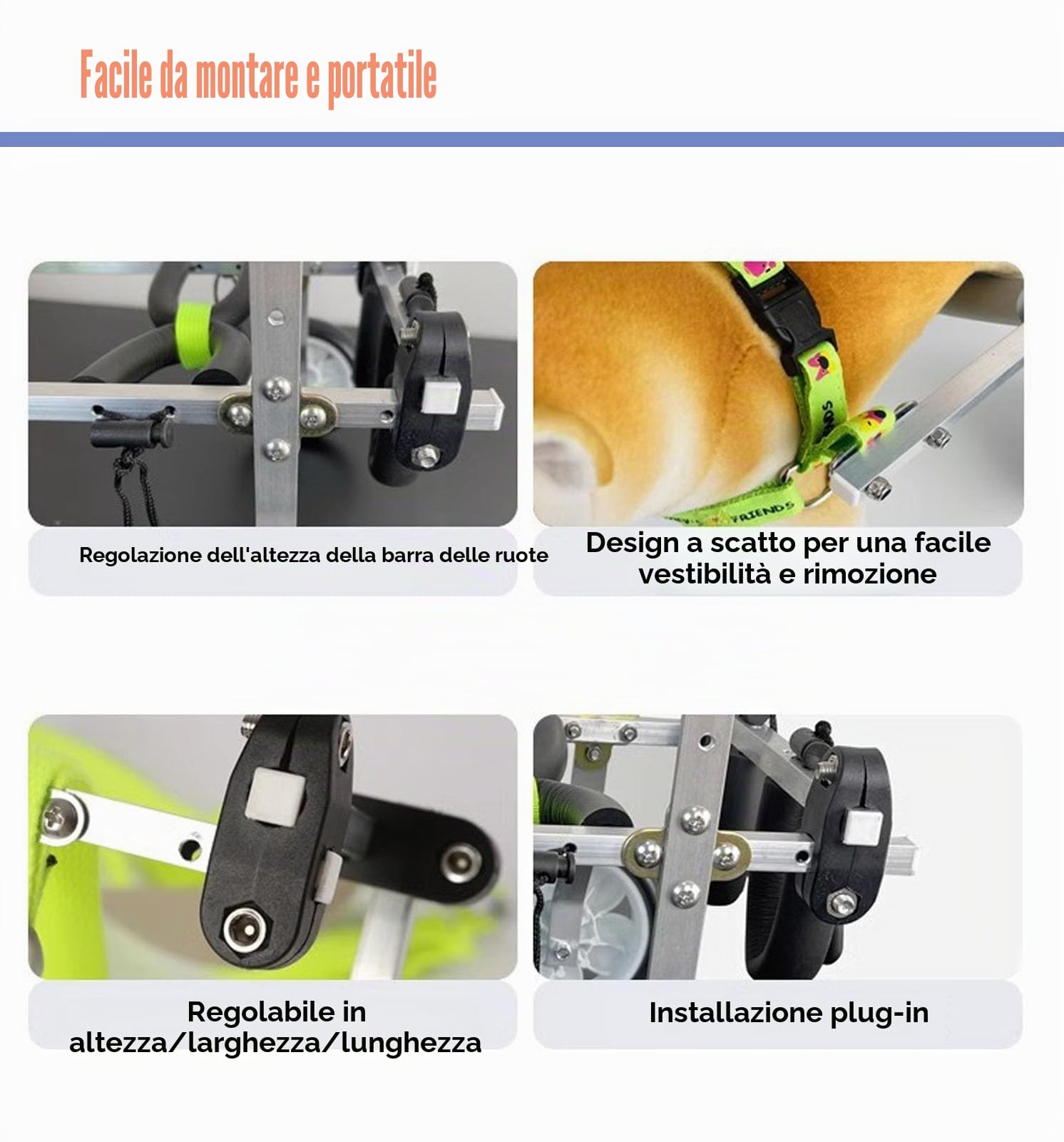 Carrello Cani Disabili Xxs/ Xs/ S Carrozzina per Gatti per Zampe Posteriori, Quattro Ruote Ausili per La Mobilità per Artrite Canina per Riabilitazione, Carrello Portatile per Tutore per Gamba Debole(