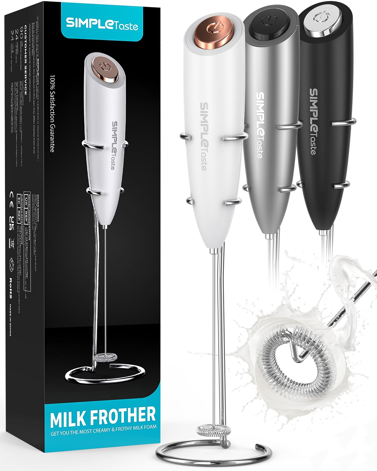 SimpleTaste Electric Milk Frother with Stand, One Touch Handheld Whisk Batteries Powered Cappuccino Coffee Frother White, 1 Year Warranty (B0C1RCGXJJ) Amazon Price History, Amazon Price Tracker