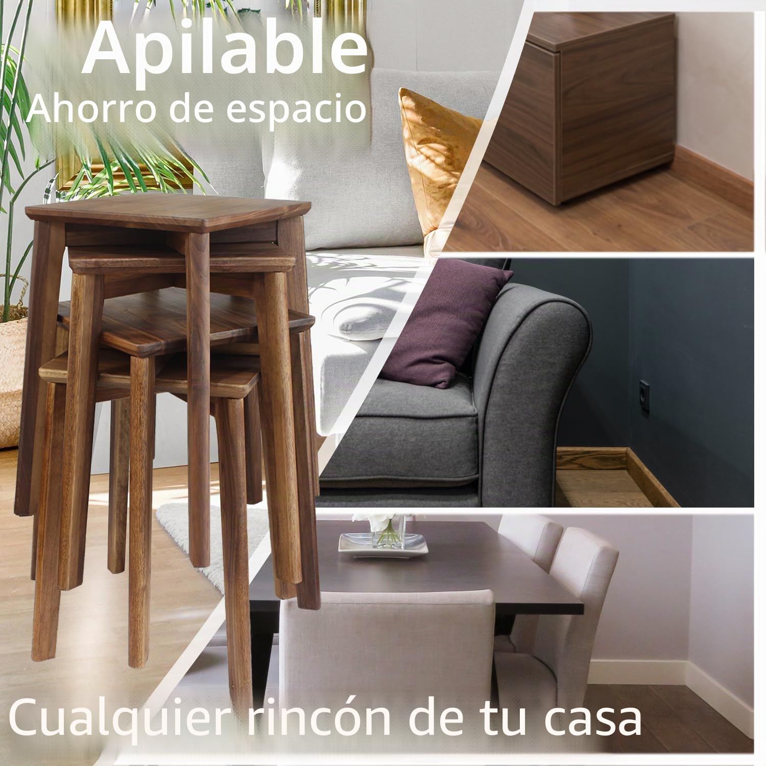 Taburete de madera de nogal de 45 cm de alto, apilable sin respaldo, solución de asiento con parte superior cuadrada, almohadilla de fieltro antideslizante para cocina, habitaciones, oficina,