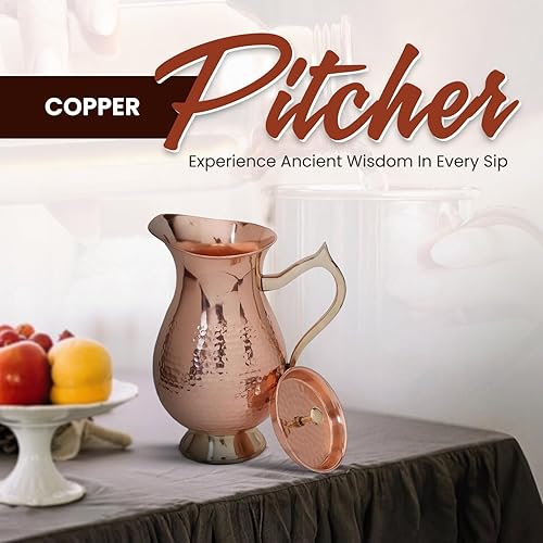 Miniatura 20 de Jarra de cobre 100% puro de 50.72 onzas / 50.7 fl oz Jarra martillada tradicional con tapa Botella de agua con mango de cobre Beneficios