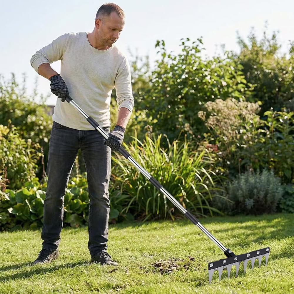 Râteau de Désherbage avec Manche Télescopique 185 cm,8 Dents Rateau Scarificateur en Acier Robuste,Râteau de Désherbage Multifonction en Métal,pour Le Jardin,Le Désherbage,Le Travail du Sol,Le semis