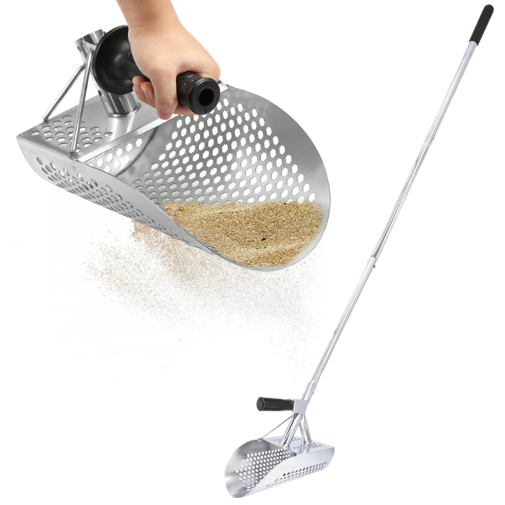 Pala de Arena para detección de Metales Pala de detección de Metales de Acero Inoxidable con Orificios en Forma y tamiz de Arena Resistente Desmontable de Mango Largo de 47 Pulgadas para la Playa, pa